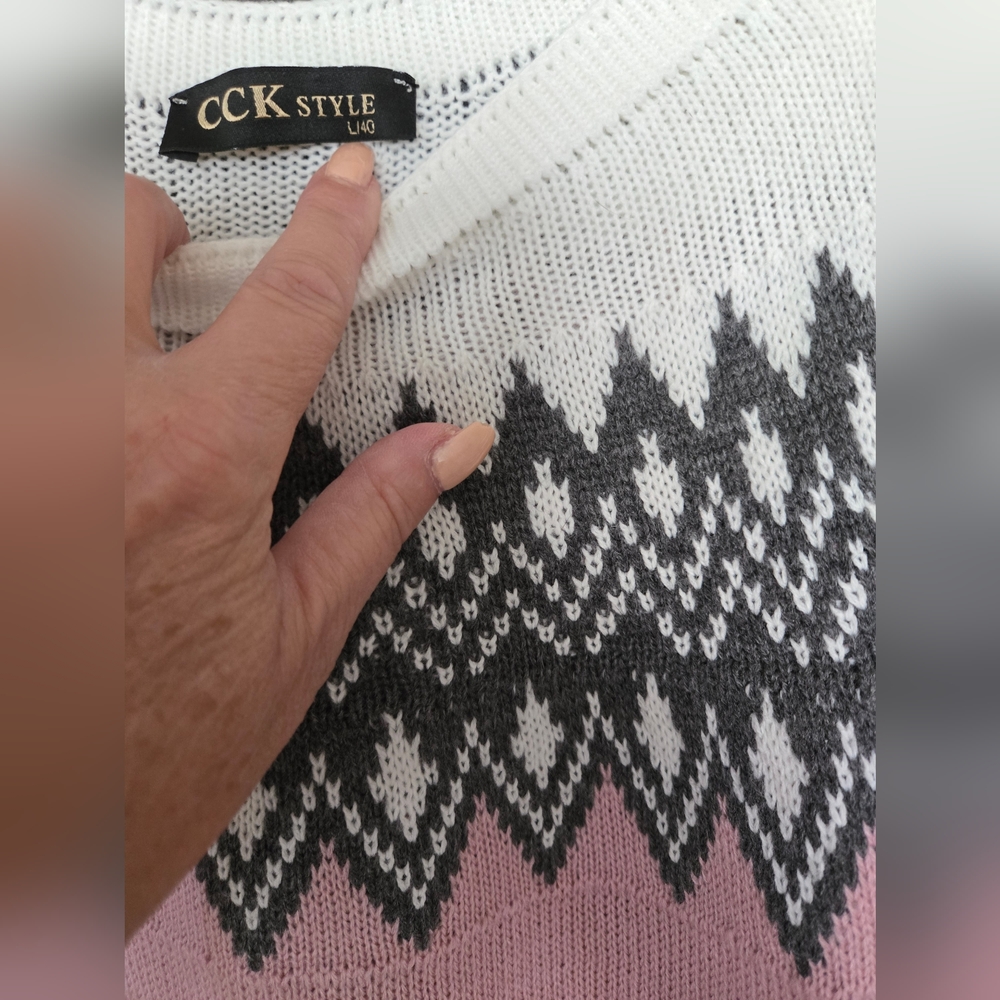 CCK Style Pink White Fair Isle Knit Sweater Size Large - Picture 2 of 9